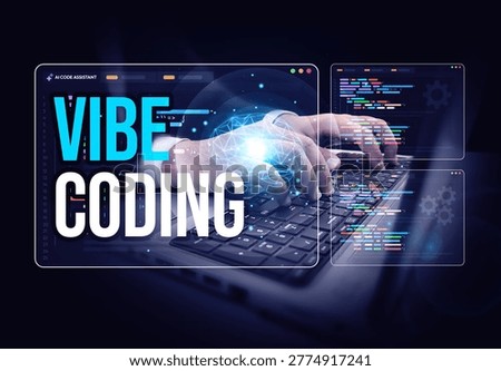 Futuristic AI vibe coding with digital brain overlay and coding interface on laptop keyboard typing hands