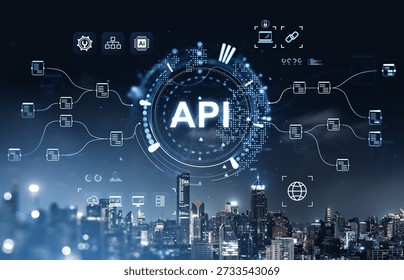 Futuristic API concept showing data integration and network system graphics over a city background at night, symbolizing digital connectivity and technology