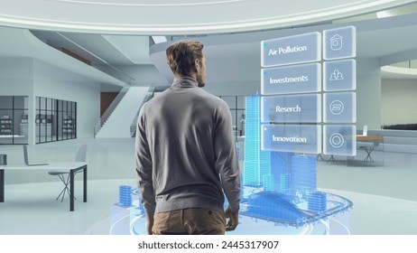 Futuristic Architect Standing in Virtual Space, Interacting with an Augmented Reality Hologram 3D City showing ESG Data and Green Energy Statistics, Big Data Analysis of Reusables
