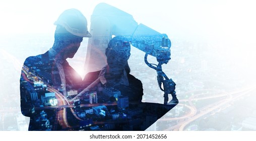 Futuristic Architecture Engineer Using Robot Ai Technology Assistant Development Of Modern City Building Structure, Innovative Idea Efficient Work Teamwork Dynamic Blue Double Exposure Background