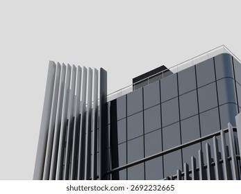 Futuristic architecture featuring a clean, reflective glass façade and vertical elements.