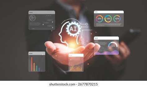 Futuristic artificial intelligence and big data analytics concept showing AI technology, machine learning, and digital transformation for business innovation and modern solutions.