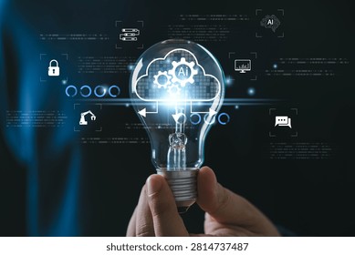 Futuristic artificial intelligence cloud computing with smart technology interface, digital innovation, automation system, data security, machine learning and AI network in business transformation.