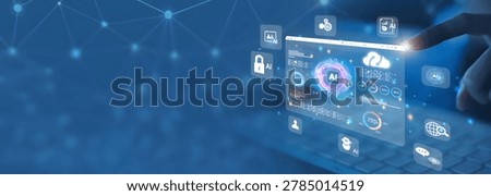 Futuristic artificial intelligence technology interface featuring holographic AI dashboard, digital analytics, cloud computing icons, cybersecurity symbols, and virtual data visualization with human interaction on a blue network background. Modern innovation concept, machine learning, big data, automation, smart technology, glowing UI elements, corporate tech banner design, ultra-modern digital illustration, premium quality ideal for Shutterstock commercial use.