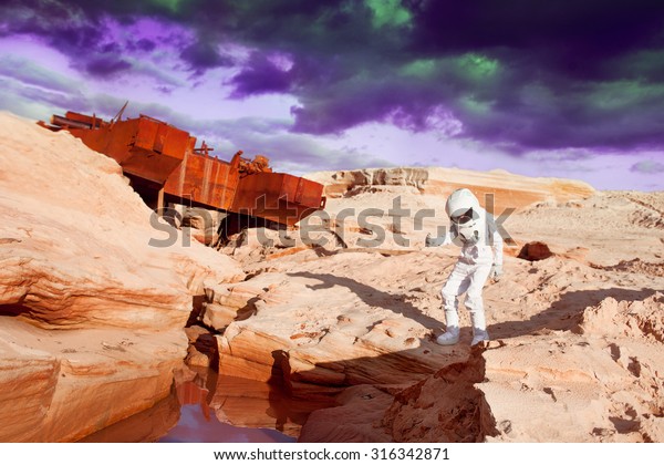 futuristic astronaut on another planet, Mars.\
image with the effect of\
toning