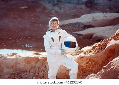 futuristic astronaut without a helmet on another planet, image with the effect of toning