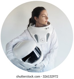 futuristic astronaut without  helmet,  white background in a circular frame