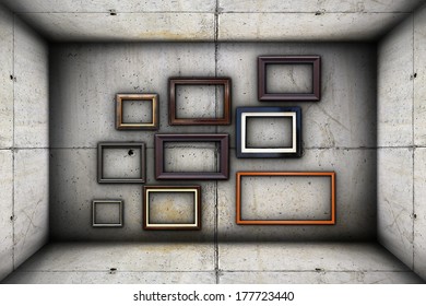 futuristic backdrop with frames on concrete industrial interior backdrop