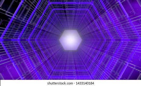 Futuristic background of a tunnel with hexagonal shape structure of purple and blue with white light in the background. 3D Illustration