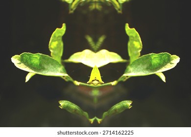 Futuristic bio leaf interface with mirrored green avatar symmetry

