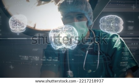 Futuristic biomedical concept of a doctor using advance holographic scanning a patient's brain neuron pathology and diagnostic scan