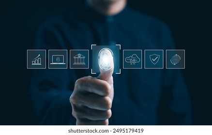 Futuristic biometric authentication technology concept. Man is touching a fingerprint scan with icons of secured access, data protection, network cyber security in digital interface. Internet banking, - Powered by Shutterstock