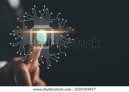 Futuristic biometric identification fingerprint scanner with pointing finger. Concept of surveillance and security scanning in cyber applications. Embrace the future of technology and secure identity.