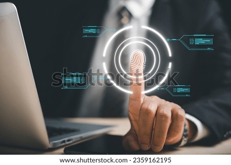 Futuristic biometric identification system with digital fingerprint scanning. Pointing finger on a screen, ensuring secure access and control. Enter the realm of advanced data protection.