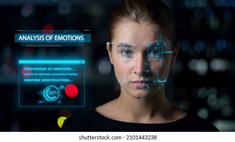 Futuristic biometrical analysis emotions. Close up woman face biometrics research. Innovate holographic interface inspecting person feelings using facial gestures. Digital technology future metaverse