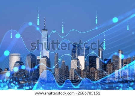 Futuristic blue data wave graphic over New York City skyline, modern digital style, clear blue background, symbolizing NYC financial district tech concept