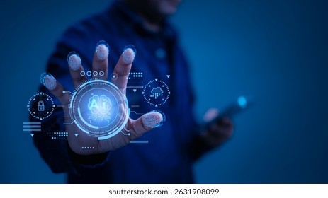 Futuristic Blue Interface Secure Digital Access Cloud Data Control With Ai On Handheld Device
