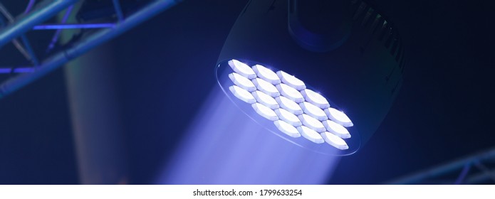 Futuristic Bright Lights On The Stage. Lighting Of Stage Spotlight. Natural High Tech Background. 