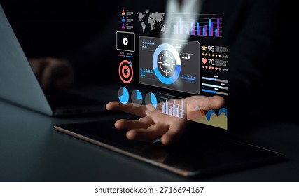Futuristic Business Analytics Visual Presentation with Dynamic Graphs and Data Insights Projected in Air Above Laptop Workspace Gantry.
