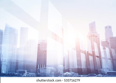 Futuristic Business Background, Double Exposure Of Office Window And City Skyline