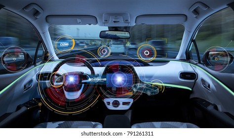 Futuristic car cockpit. Autonomous car. Driverless vehicle. HUD(Head up display). GUI(Graphical User Interface). IoT(Internet of Things). - Shutterstock ID 791261311