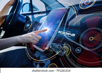 Futuristic car cockpit and touch screen. Autonomous car. Driverless vehicle. HUD(Head up display). GUI(Graphical User Interface). IoT(Internet of Things). - Powered by Shutterstock