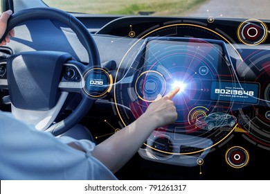 Futuristic Car Cockpit And Touch Screen. Autonomous Car. Driverless Vehicle. HUD(Head Up Display). GUI(Graphical User Interface). IoT(Internet Of Things).