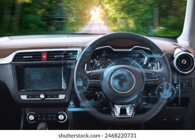 Futuristic car dashboard featuring augmented reality displays, showcasing advanced technology and navigation on a scenic road. - Powered by Shutterstock