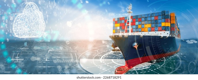 Futuristic Cargo ship with Clouds data icon technology Container ship in  ocean sea concept transportation logistic. Big Cloud storage Technology Big Data Logisitcs transportation digital internet.