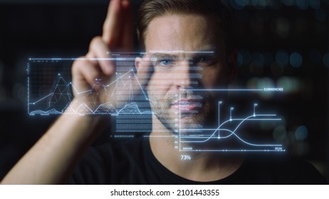 Futuristic ceo work process man analysing holographic graphs calculating benefit. Thoughtful employee examining financial data checking statistics closeup. Digital modern high-tech business concept