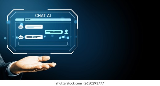 Futuristic chatbot interface above open hand, digital style, on dark background. Concept of virtual assistant technology and online communication