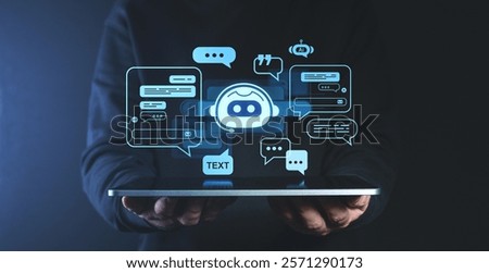 Futuristic chatbot interface with speech bubbles and bot icons hovering above a tablet in dark background, concept of AI assistance