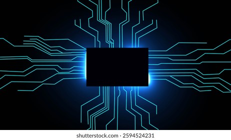 "Futuristic Circuit Board Background with Glowing Neon Lines | High-Tech Digital Concept". This abstract electronic design is ideal for technology presentations, AI visuals, blockchain concepts.