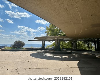 Futuristic circular concrete structure overlooking Cincinnati - Powered by Shutterstock