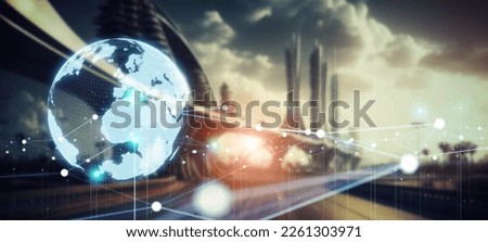 Futuristic city and global communication network concept. Wide angle visual for banners or advertisements.