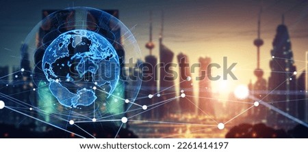 Futuristic city and global communication network concept. Wide angle visual for banners or advertisements.
