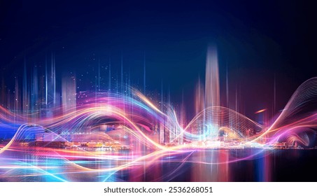 A futuristic cityscape illuminated with vibrant, abstract light trails. - Powered by Shutterstock