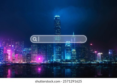 Futuristic cityscape with neon lights, glowing skyline, and a search bar overlay. Neon city skyline, and search bar create a modern, digital vibe. Neon cityscape with a search bar, travel concept - Powered by Shutterstock - Get 15% off with code: PIKWIZARD15