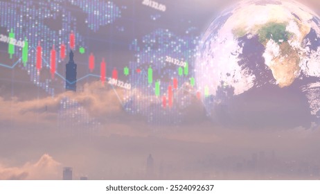 Futuristic cityscape, rotating earth and dynamic stock market data overlay. Symbolizing the interconnectedness of the global economy and the impact of financial markets on the urban environment. - Powered by Shutterstock