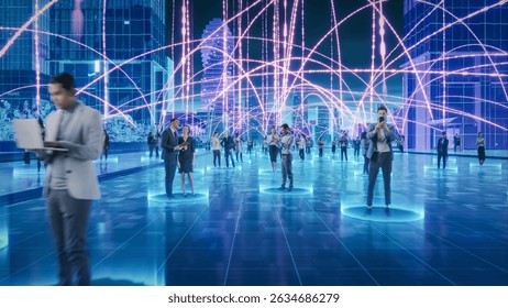 Futuristic Cityscape Where Diverse Individuals Engage With Digital Devices, Interconnected by Glowing Data Streams. Big Data, Machine Learning, Digital Communication. Abstract Information Lines