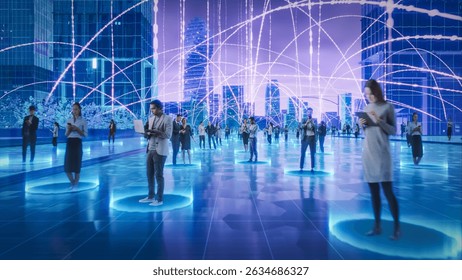 Futuristic Cityscape Where Diverse Individuals Engage With Digital Devices, Interconnected by Glowing Data Streams. Big Data, Machine Learning, Digital Communication. Abstract Information Lines