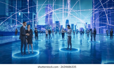 Futuristic Cityscape Where Diverse Individuals Engage With Digital Devices, Interconnected by Glowing Data Streams. Big Data, Machine Learning, Digital Communication. Abstract Information Lines