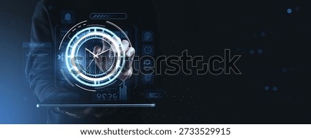 Futuristic clock interface with to-do list and calendar icons over a businessman's hand, glowing blue on a dark tech background, symbolizing time management