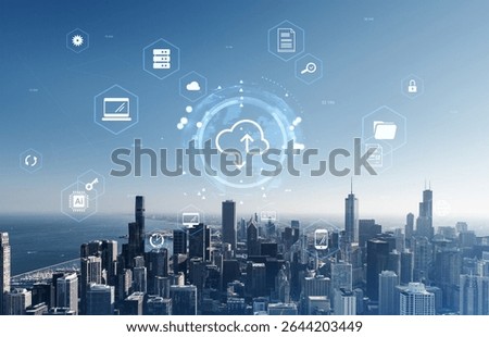 Futuristic cloud computing icons and digital data symbols over a modern city skyline, minimal style, clear sky background, concept of smart city network