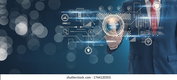 Futuristic Cloud Computing Storage System Concept,businessman Finger Touch Interface Screen Cloud Icon,connect To Data Base Station And Process Operations Use Artificial Intelligence Or AI System.