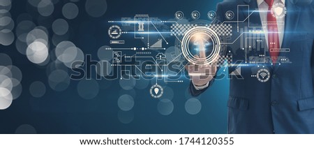 Futuristic cloud computing storage system concept,businessman finger touch interface screen cloud icon,connect to data base station and process operations use artificial intelligence or AI system.