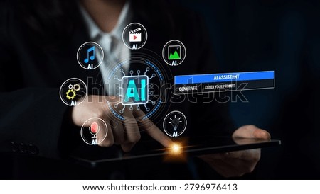Futuristic Concept of Artificial Intelligence Assistant with Iconography Representing Various Digital Tasks and Services on a Touchscreen Device Quark.