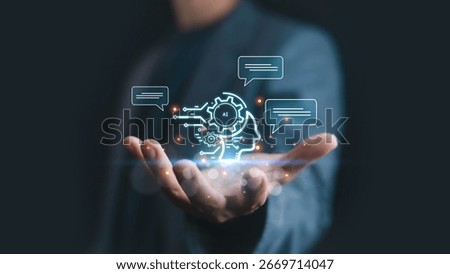 Futuristic concept of artificial intelligence and chatbot technology, showing digital human head with gears, automation icons, and speech bubbles for business innovation.