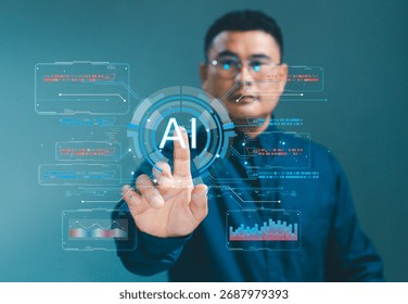 Futuristic concept of artificial intelligence and data analytics. A man interacts with a virtual interface displaying AI technology, innovation, and digital transformation in a modern business world.
