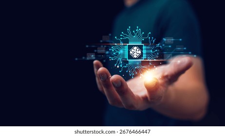 Futuristic concept of artificial intelligence and digital technology. A glowing AI microchip floating above a human hand symbolizes innovation, machine learning, automation and future computing.